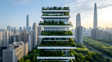 Aufkleber - Sustainable and eco friendly urban high rise building with integrated green technology features including rooftop gardens renewable energy systems and energy efficient design
