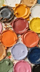 Wall Mural - A close-up image of a colorful palette of paint with a variety of vibrant shades and tones, craft, artistic, supplies