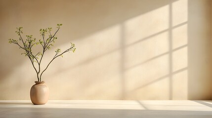 Poster - Soft warm lighting gently illuminates a simple elegant plant display against a textured neutral backdrop creating a nostalgic and tranquil ambiance