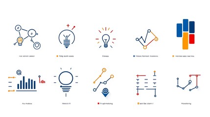 Fototapete - A collection of clean and sharp line icons showcasing various data visualization elements like bar graphs  line charts  and performance tracking tools for business  analytics