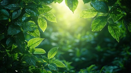 Wall Mural - sunlight filtering through lush green leaves in a tranquil forest environment during early morning h