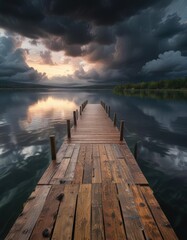 Sticker - A long wooden dock stretches out into a lake with dark clouds looming above it, misty, mysterious