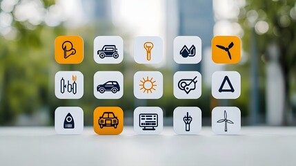 Poster - Comprehensive collection of clean energy icons featuring symbols for electric vehicle charging  wind power  and other sustainable technology solutions against a clean white background