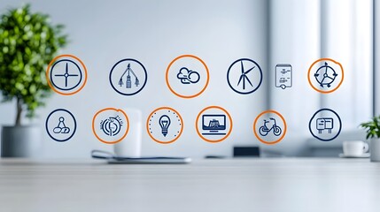 Poster - Comprehensive collection of clean energy and sustainable technology icons featuring symbols for electric vehicle charging wind power