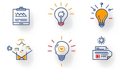 Leinwandbilder - Collection of 6 minimalist line icons representing essential digital marketing elements like advertising targets  social media influence  online video content