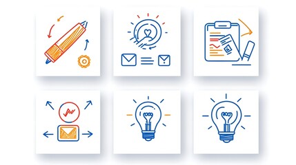 Poster - Collection of 6 linear corporate outline icons focusing on business strategies  company growth  and organizational goals