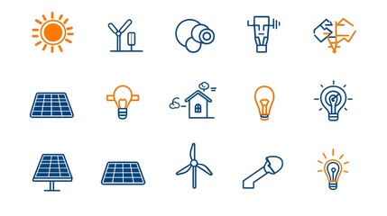Poster - This comprehensive linear icon set showcases a range of renewable power solutions  including solar panel installations  power grid connections  wind turbines