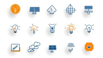 Poster - Comprehensive solar energy icon set featuring 15 minimalist outline icons depicting various renewable power solutions including solar panel installation  power grid connection