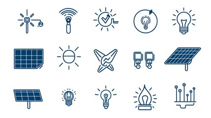 Poster - Comprehensive collection of 15 minimalist linear icons depicting various renewable power solutions including solar panel installation  power grid connection