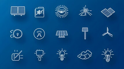 Poster - Comprehensive solar energy icon set featuring 15 minimalist outlines depicting various renewable power solutions including solar panel installation  power grid connection