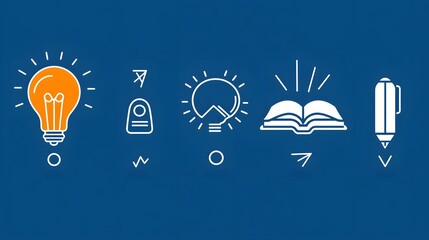 Leinwandbilder - Comprehensive icon set featuring 6 linear symbols that represent the concepts of knowledge learning and intelligence  The set includes icons depicting a book a mind and creativity