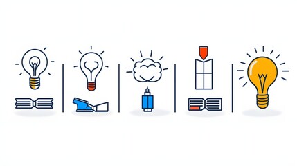 Poster - Collection of 6 simple linear icons that symbolize the concepts of knowledge learning and intelligence  The icon set includes symbols for ideas creativity education research technology and more