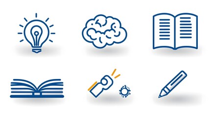 Leinwandbilder - A comprehensive icon set featuring symbols that represent the concept of knowledge learning and intelligence  The set includes icons depicting a book a mind and creativity