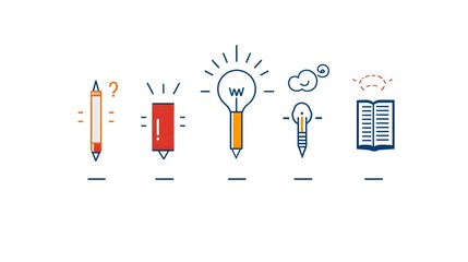 Fototapete - This comprehensive icon set features a collection of 6 linear symbols that represent the concepts of knowledge learning and intelligence  The icons depict a book a mind and creativity