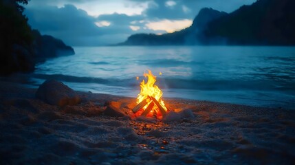 Wall Mural - A fire is lit on a beach near the water