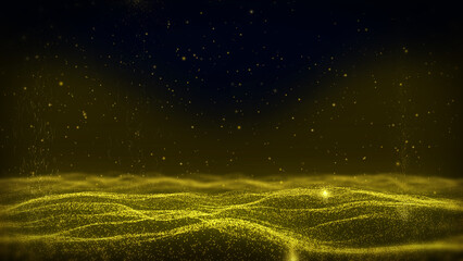 Aufkleber - Golden glittering sparkle, flickering particle fly through. Glamour gold lens flare, bokeh dynamic flowing in the air, space for new year, Christmas illustration.