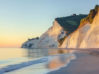 Wall Mural - Scenic coastal landscape featuring white cliffs meeting the tranquil sea at sunset