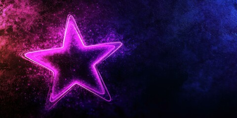 A glowing neon star with a purple gradient, emitting faint light particles on a textured black background