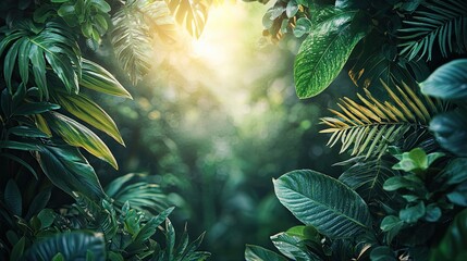 Wall Mural - lush greenery and sunlight filtering through dense foliage in a vibrant jungle setting during the ea
