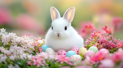 Wall Mural - A sweet Easter bunny sitting calmly in a garden surrounded by blooming lilies and pastel-colored Easter eggs