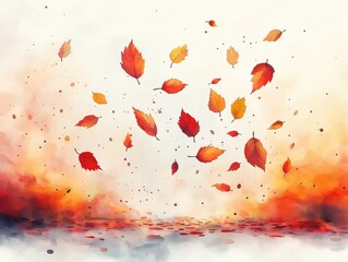 Wall Mural - A painting of autumn leaves falling from the sky