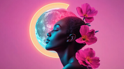 Wall Mural - Seasonal Affective Disorder, A glowing pastel moon hovers over a figure in this high-fidelity digital artwork, perfect for whimsical and dreamlike themes.