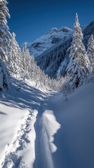 Snow-covered pathway through majestic mountains under a clear blue sky.