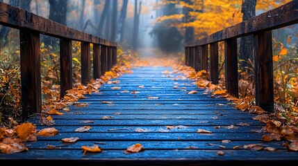 Wall Mural - colorful autumn leaves cover a wooden walkway in a misty forest landscape during fall