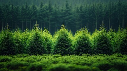 Wall Mural - dense green forest showcasing rows of vibrant evergreen trees under soft morning light