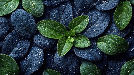 Wall Mural - fresh mint leaf surrounded by dark green leaves with droplets of water shining under natural light