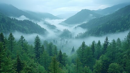 Wall Mural - lush green valley shrouded in mist during early morning light in a serene forest landscape