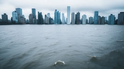 Wall Mural - Climate change: Pollution and temperature rise. Urban skyline reflected in a flooded waterfront under cloudy skies.