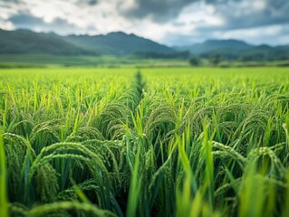 Wall Mural - Lush green rice field with mountains in the background under a cloudy sky.