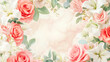 © KRISTINA KUPTSEVICH - Flower background with soft pastel floral frame with pink roses and white lilies, creating delicate and elegant backdrop for holiday card. Concept of celebration, congratulations and special occasions