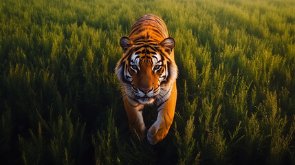 A close-up image of a Bengal tiger walking through tall grass