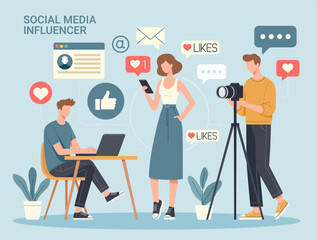Wall Mural - flat vector illustration of a social media influencer team creating content, featuring a woman with 
