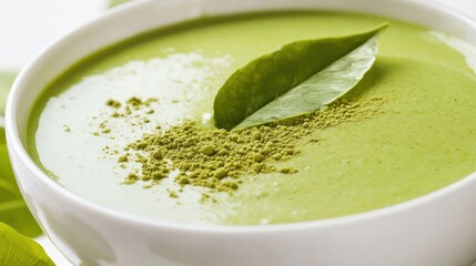 Wall Mural - Delicious Matcha Latte Bowl, Green Tea Powder, Fresh Leaf Garnish