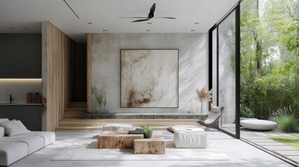 Wall Mural - Modern living room showcasing minimalistic design and natural elements with large windows and greenery