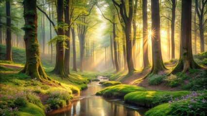  Golden Sunlight Illuminates a Serene Forest Stream, Bathed in Morning Mist and Spring Blossoms