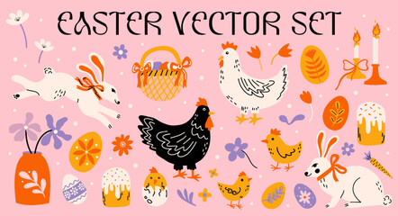 Wall Mural - easter holiday concept vector stickers design elements set. collection of groovy funky cartoon illus