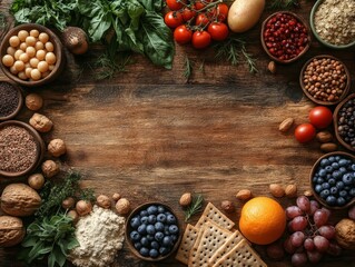 A vibrant arrangement of various fresh ingredients on a wooden surface, ideal for cooking.