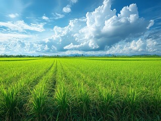 Wall Mural - Lush green rice field under a vibrant sky with clouds.