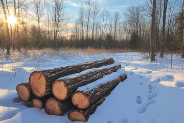 Wall Mural - Stacked logs covered with snow in winter forest at sunset