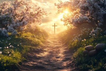 path to hope and salvation leading to the cross at sunset