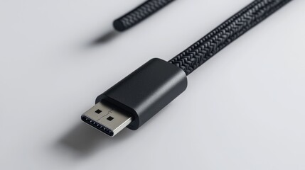 black braided hdmi cable close-up on white background