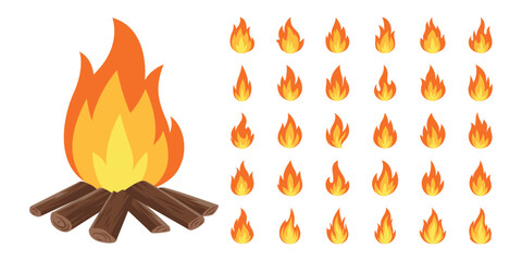 campfire with logs, vector cartoon illustration. design template for camping, outdoor activities. to