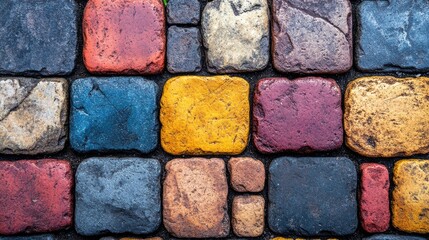 Sticker - Colorful cobblestone pavement with vibrant hues of red, yellow, and blue, showcasing urban design