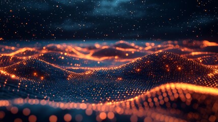 Canvas Print - nighttime futuristic landscape with glowing orange lights spread across a vast digital network