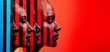 © KWONGRI Ai - A striking image showcasing three profiles against a vibrant red background, enhanced by colorful vertical lines, emphasizing diversity and individuality.