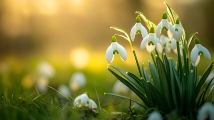 Wall Mural - Snowdrops blooming in spring meadow during golden hour sunset